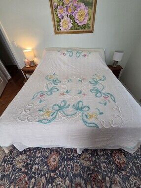 Vintage Chenille Bedspread with Teal Floral  Round Edge Queen Beadspread